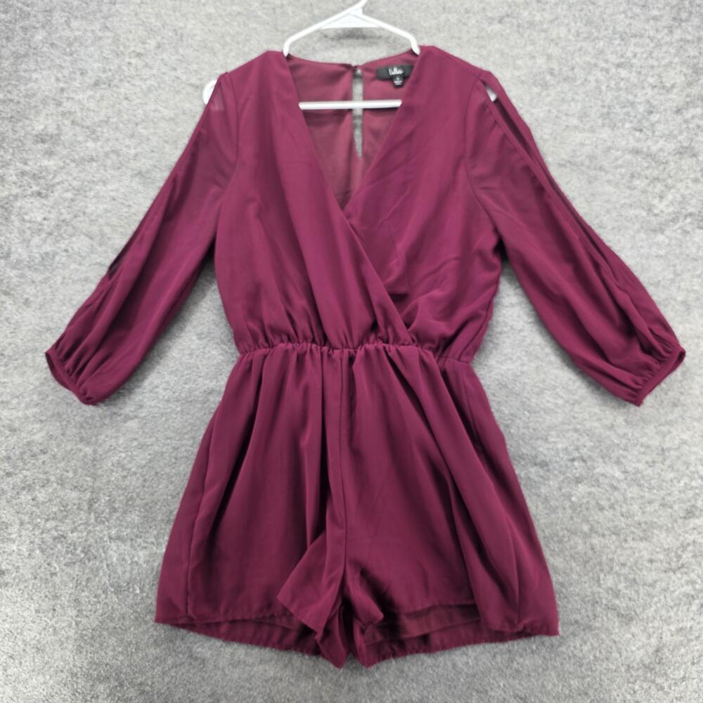 Lulus Romper Womens Small Burgundy Surplice V Neck Long Sleeve Elastic Waist
